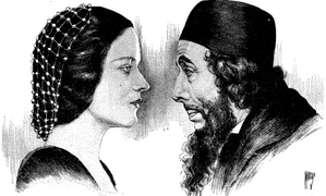 Peggy Wood as Portia and George Arliss as Shylock in The Merchant of Venice-Drawing by Edwin Marcus.png