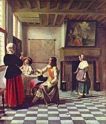 Pieter de Hooch, Pijąca kobieta z dwoma mężczyznami i służącą, 1658