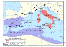 A map of the western Mediterranean showing territory controlled by Carthage and Rome in 218 BC