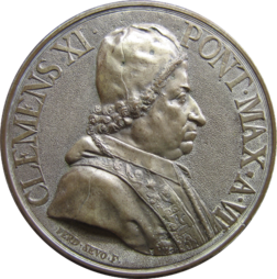 Monnaie de bronze à l’effigie du pape Clément XI (22/07/1649 à Urbino, † 19/03/1721 à Rome), frappée vers 1706–1707 par Ferdinando Sevo. (définition réelle 1 753 × 1 769*)