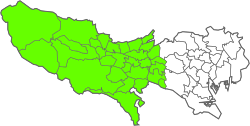 东京都行政区划示意图，绿色区域为多摩地方