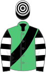 Emerald green, black sash, black and white hooped sleeves, black and white hooped cap