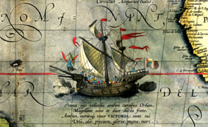 La nao Victoria . Detalle en un mapa de Abraham Ortelius (1590).