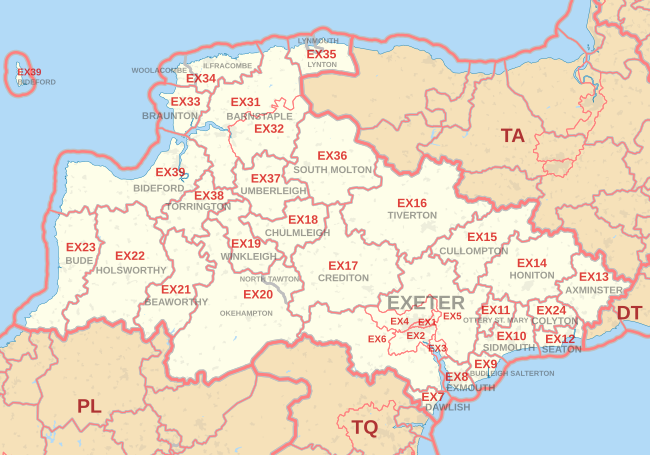 EX postcode area map, showing postcode districts, post towns and neighbouring postcode areas.