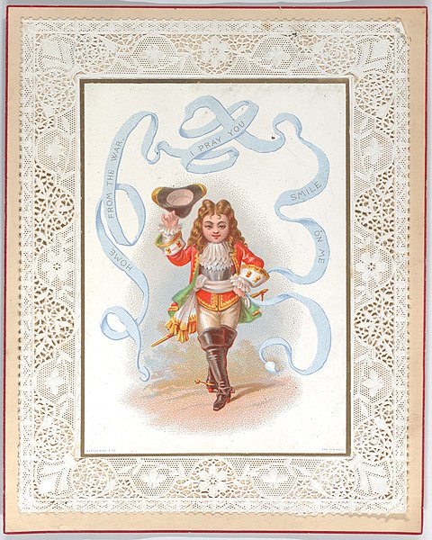 This 1880s Valentine card is apparently for soldiers. "Home from the war. I pray you smile on me."