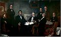 Lincoln meeting with his Cabinet for the first reading of the Emancipation Proclamation draft on July 22, 1862