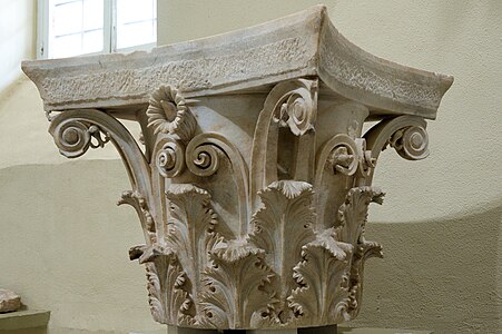 Ancient Greek volutes (called caulicoli) in the upper part of a Corinthian capital from the tholos at Epidaurus, Archaeological Museum of Epidaurus, Greece, said to have been designed by Polyclitus the Younger, c.350 BC[7]