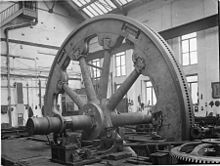 Rolling mill flywheel.[78] The wheel is rotated by the pinion on the right.