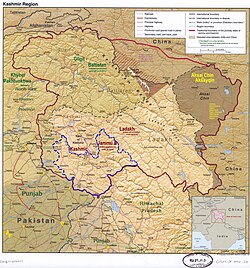 Kathua district is in the Jammu division (shown with neon blue boundary) of Indian-administered Jammu and Kashmir (shaded in tan in the disputed Kashmir region[1]