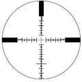 The P4 stadiametric rangefinding reticle as used in the Schmidt & Bender 5-25x56 PM II LP at 25x zoom.