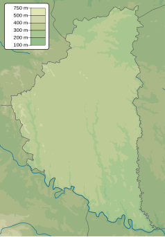 Mapa konturowa obwodu tarnopolskiego, po lewej nieco u góry znajduje się punkt z opisem „źródło”, natomiast na dole znajduje się punkt z opisem „ujście”