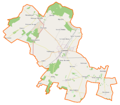 Mapa konturowa gminy Czempiń, w centrum znajduje się punkt z opisem „Pałac w Czempiniu”