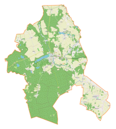 Mapa konturowa gminy Lidzbark, na dole po prawej znajduje się punkt z opisem „Parafia św. Wawrzyńca w Starym Dłutowie”