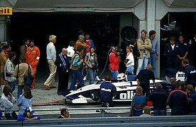 Brabham BT54 of Nelson Piquet in the pit of Nürburgring during practice 1985