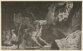 Raksha verdedigt baby Mowgli tegen Shere Khan. Illustratie uit 1895