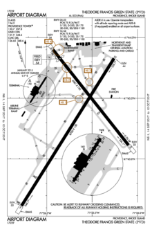 A map with a grid overlay showing the terminals runways and other structures of the airport.