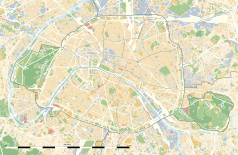 Mapa konturowa Paryża, po lewej znajduje się punkt z opisem „Stade Roland Garros”