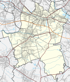 Mapa konturowa Katowic, blisko prawej krawędzi u góry znajduje się punkt z opisem „ulica Wiosny Ludów”