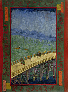 Pont en la pluja, Vincent van Gogh (de la sèrie Japonaiserie), pintura a l'oli, 1887