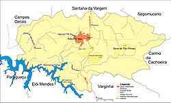 Mapa do município de Três Pontas com a localização da serra.