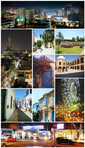 از بالا چپ: شهر نیکوزیا، خیابان لدرا در شب، courtyard of Nicosian houses, Venetian walls of Nicosia, a Nicosian door in the old town, the مسجد بیوک خان، a quiet neighbourhood in the old town, Venetian houses, Nicosia نمایشگاه کریسمس، Makariou Avenue در شب