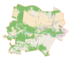 Mapa konturowa gminy Działoszyn, w centrum znajduje się punkt z opisem „Raciszyn”