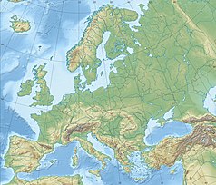 Mapa konturowa Europy, blisko prawej krawędzi u góry znajduje się punkt z opisem „źródło”, natomiast blisko prawej krawiędzi znajduje się punkt z opisem „ujście”