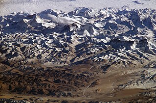 Die Himalajas, soos vanuit die ruimte gesien, met Everest in die boonste sentrum