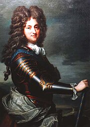 Reproduction couleurs d’une peinture représentant Philippe II d’Orléans (1674-1723), figuré en buste et de côté, revêtu d’une armure noire aux jointures ocres. Il appuie sa main droite sur un sceptre de couleur bleue.