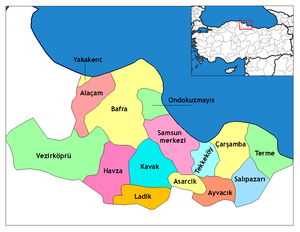 Mapa dos distritos da província de Samsun