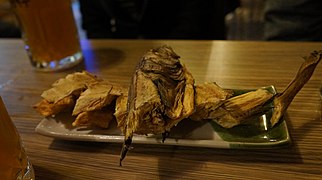 Dried pollock at the Rakwon Paradise Microbrewery. Dried pollock is a typical bar snack in some areas of North Korea.