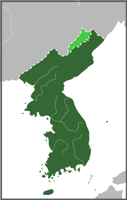 Wilayah Kekaisaran Korea 1903–1905. Wilayah Gando dan Samjiyon yang disengketakan diberi warna hijau muda.