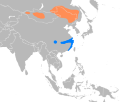 Breeding (northern areas) and wintering (southern areas) ranges in orange