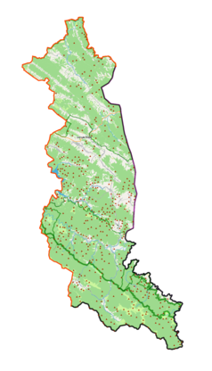 Mapa konturowa powiatu bieszczadzkiego, blisko dolnej krawiędzi po prawej znajduje się punkt z opisem „Sianki”