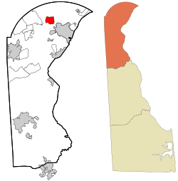 Location of Greenville in New Castle County, Delaware (left) and of New Castle County in Delaware (right)