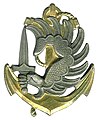 Insigne de béret parachutiste T.D.M. avec l'ancre de marine avec le bras armé de saint Michel, tenant dans sa main droite un glaive.