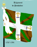 Vue d’un drapeau avec une croix blanche verticale départageant des carrés bruns et verts, une croix de Saint-André et des ancres.