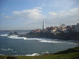 Zicht op Rumelifeneri. De Zwarte Zee op de voorgrond, de Bosporus en Azië op de achtergrond