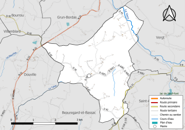 Carte en couleur présentant le réseau hydrographique de la commune