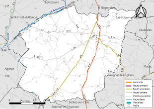 Carte en couleur présentant le réseau hydrographique de la commune