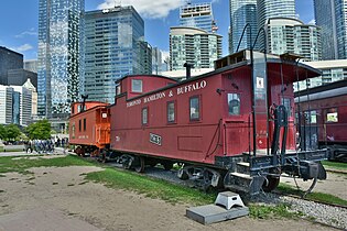 A preserved Toronto, Hamilton, & Buffalo caboose car on exhibit at the Toronto Railway Museum
