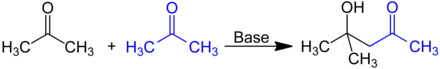 Herstellung von Diacetonalkohol durch Aldolreaktion von zwei Acetonmolekülen.