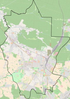 Mapa konturowa Tarnowskich Gór, po lewej znajduje się punkt z opisem „Strzybnica Wąskotorowa”