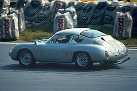 Porsche 356 B Carrera GTL Abarth at a demonstration lap on the Nürburgring, side view and rear