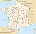 (français) Départements (numérotés) et régions de France avant 01/01/2016 (non nommées, non colorisées) [rendu amélioré] (version utilisée pour rendre la carte clicable par département)