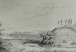 dessin en noir et blanc d'un tumulus entouré d'eau.