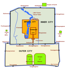 A map showing two rectangular areas outlined in black. The upper area is filled in with light green and labeled "Inner City"; in its middle is another black-outlined orange rectangle labeled "Forbidden City". Below it is a wider rectangle filled in in green and labeled "Outer City".