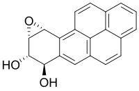 Benzopyrene diol epoxide, an extremely carcinogenic (cancer-causing) metabolite of benzopyrene, a polycyclic aromatic hydrocarbon produced by burning tobacco