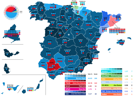 Map of Spain showcasing seat distribution by Congress of Deputies constituency