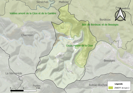 Carte des ZNIEFF de type 2 sur la commune.